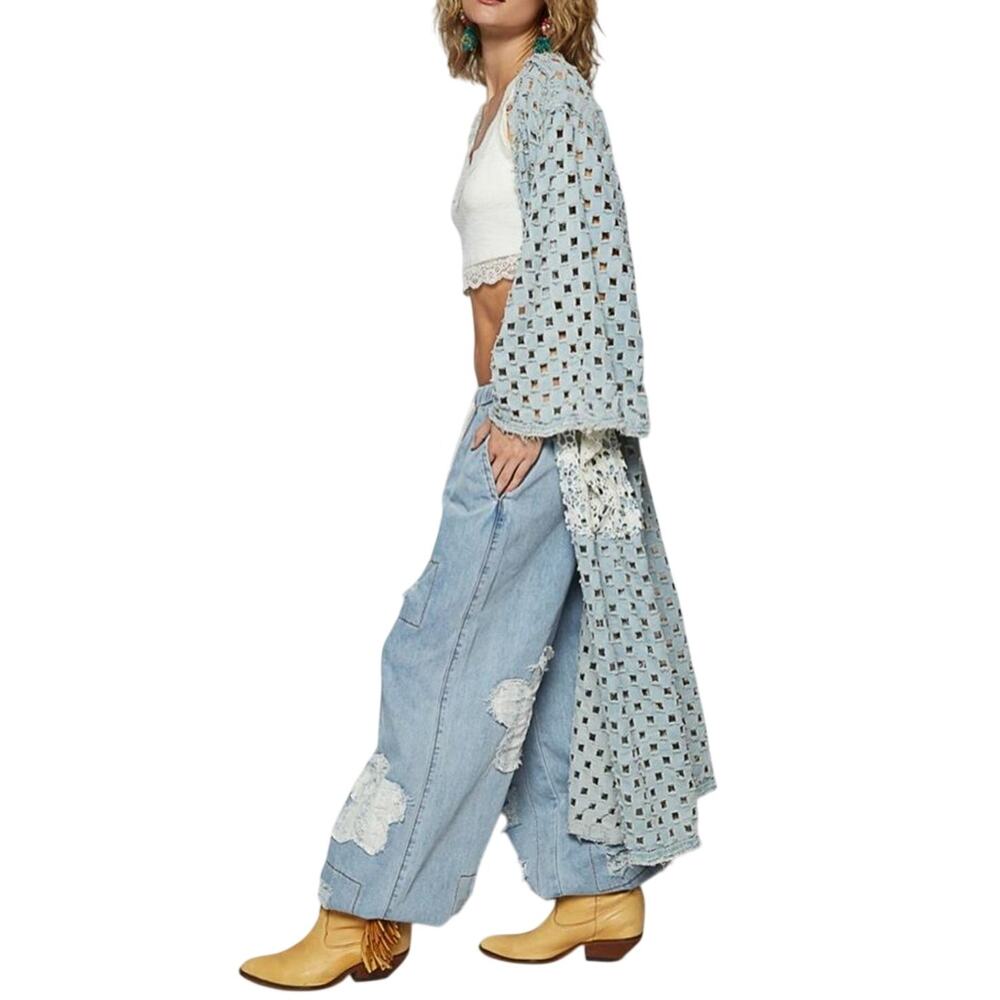 POL Denim Duster Kimono Light Blue Laser Cut Crochet Boho Western Small NWOT
